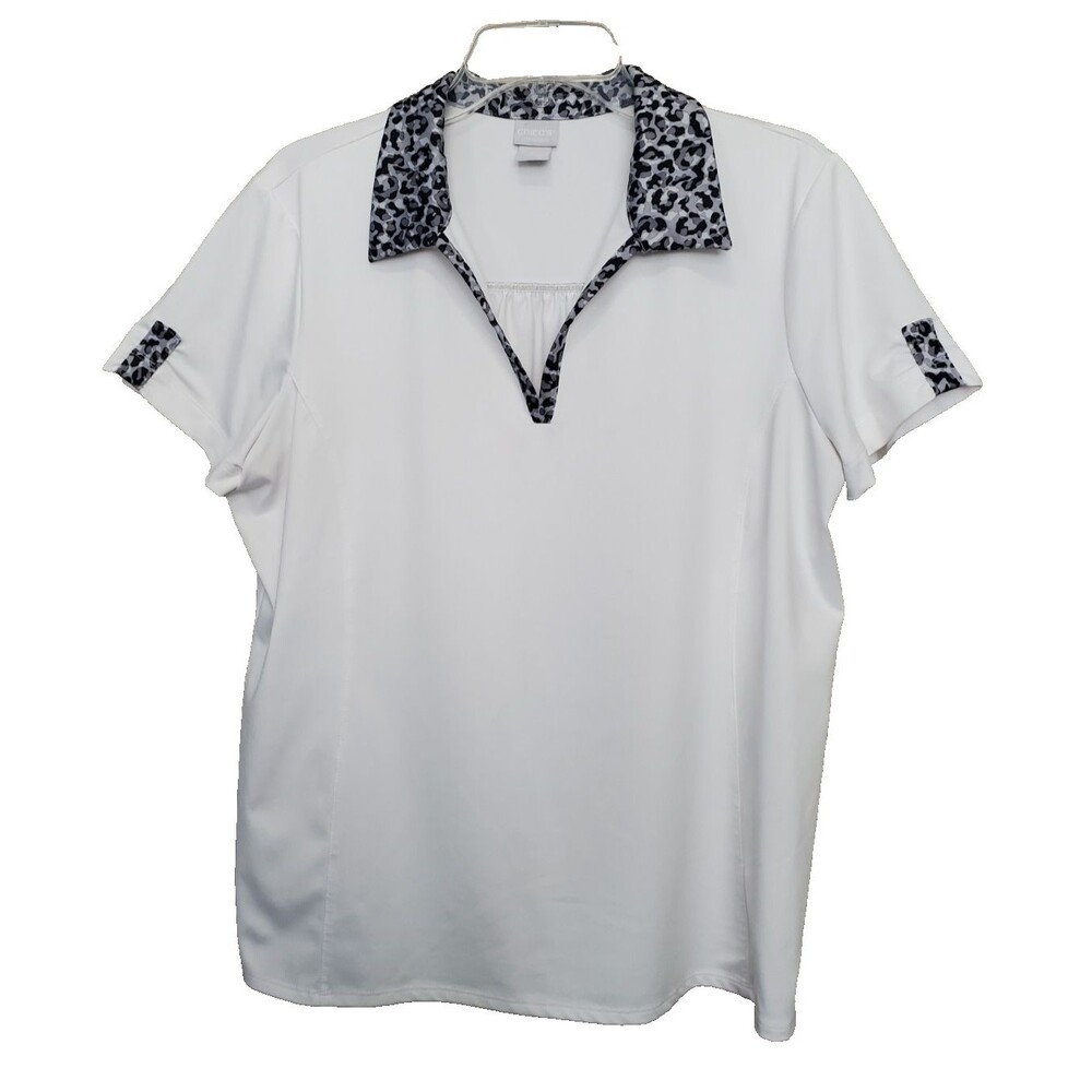 Chico's Zenergy Animal Print Trim Short Sleeve Polo Shirt Size 2 Large